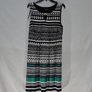 Kasper Geometric Black, White, and Teal Midi Dress